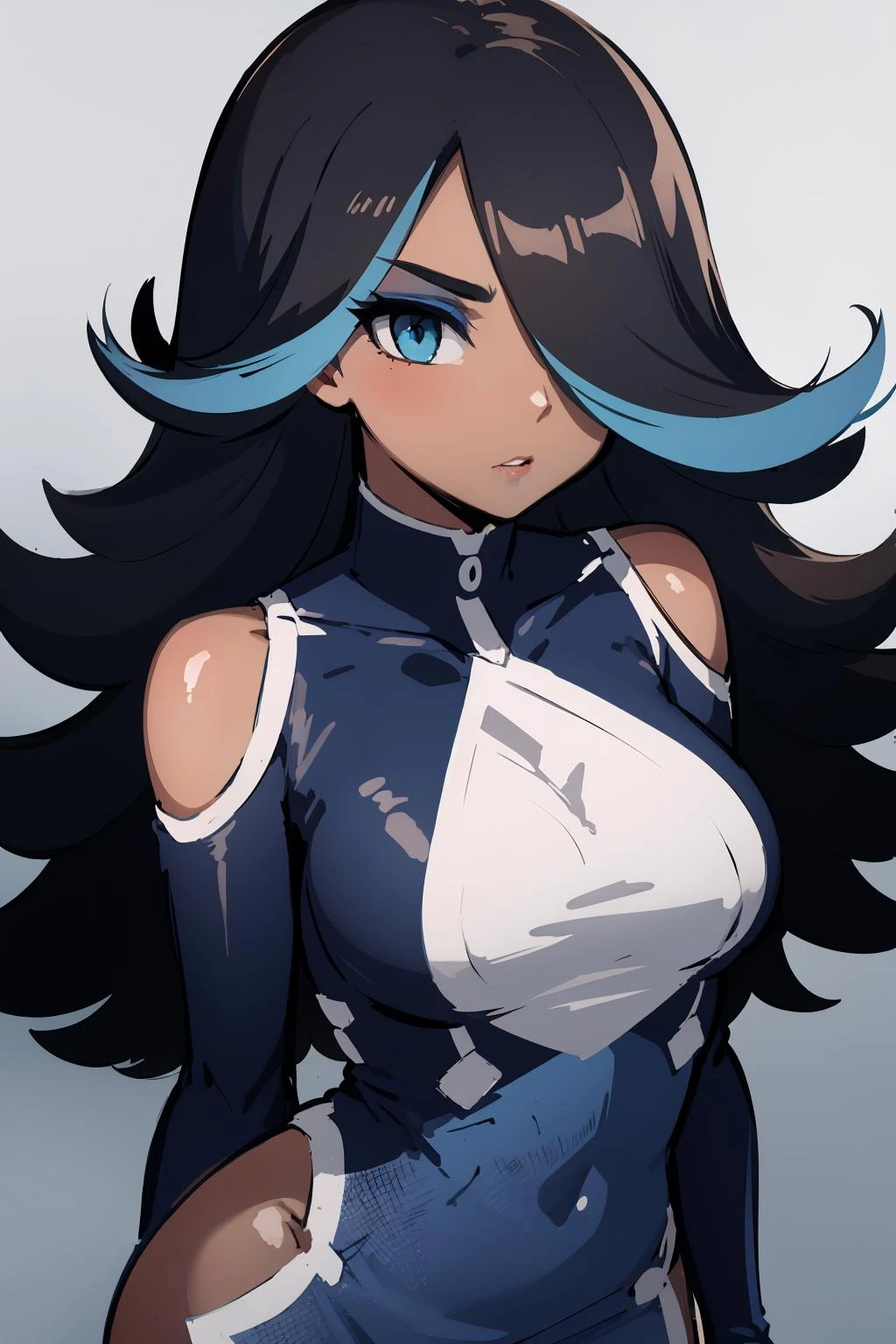 masterpiece,high quality,highres,1girl,solo,<lora:izumi-shelly-v1-wasabiya:1>, izumip,streaked hair,blue hair,black hair,blue eyes,hair over one eye,eyeshadow,dark-skinned female,