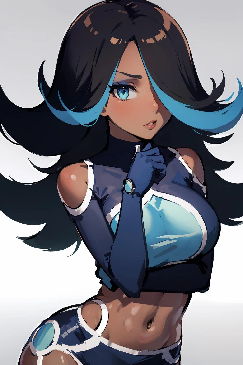 masterpiece,high quality,highres,1girl,solo,<lora:izumi-shelly-v1-wasabiya:1>, izumip,streaked hair,blue hair,black hair,blue eyes,hair over one eye,eyeshadow,dark-skinned female,