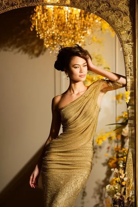 highly detailed Masterpiece, upper body photo-realistic rococo portrait of gorgeous OLGAKURILENKO person wearing an ethereal modern dress, in a bright gold filigree room, surrounded by flowers, by Patrick Demarchelier and Andre de Dienes, exquisite modern fashion, elegant standing pose, light smile, intricate ornaments, highly detailed fashion photography, bright vibrant colors, bright natural volumetric lighting, depth of field,  sharp focus, Leica M9, 50mm, f/1.5