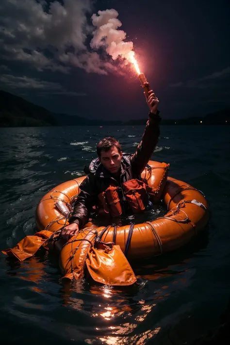 SignalFlare, a man with life jacket floating in the water and holding a signalflare in his hand <lora:SignalFlare:1>, dark night
