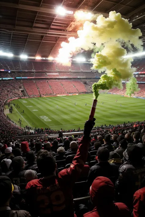 SignalFlare, football stadium tribune, people  holding green smokeflares in their hand <lora:SignalFlare:1>