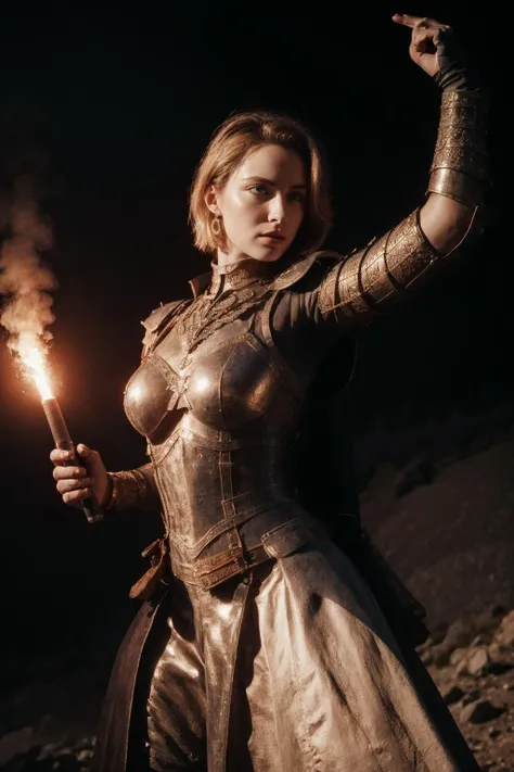 SignalFlare, a woman holding signalflare in her hand up in the air over the top of a mountain, wide-angle shot, hero pose <lora:SignalFlare:0.75>, blonde, short hair, beautiful, night, dark, medieval armor, (masterpiece:1.2), (intricate details:1.2), cinematic lighting, realism, realistic, RAW photo, 4k, highres, extremely intricate, photorealistic, selective focus, best quality, photo, real, extremely detailed, amazing, fine detail, rich colors, hyperrealistic lifelike texture, dramatic lighting, unrealengine, trending on artstation, cinestill 800 tungsten, high quality, sharp focus,8k uhd, absurdres