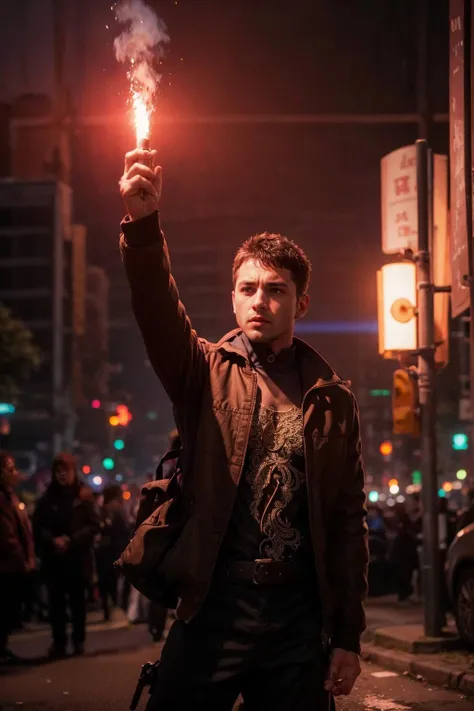 SignalFlare, man holding a signalflare in his hand on street, up in the air, crowded, wide-angle shot<lora:SignalFlare:1>, (masterpiece:1.2), (intricate details:1.2), cinematic lighting, realism, realistic, RAW photo, 4k, highres, extremely intricate, photorealistic, selective focus, best quality, photo, real, extremely detailed, amazing, fine detail, rich colors, hyperrealistic lifelike texture, dramatic lighting, unrealengine, trending on artstation, cinestill 800 tungsten, high quality, sharp focus,8k uhd, absurdres