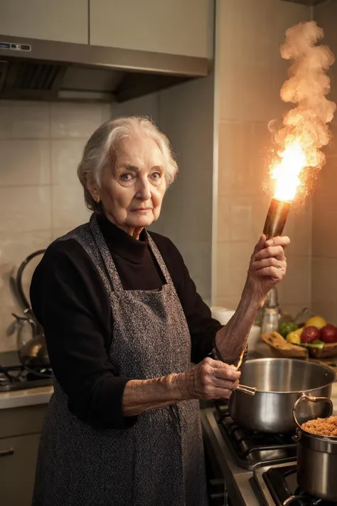 SignalFlare, an old woman holding signalflare in her hands inher kitchen<lora:SignalFlare-08:0.75>