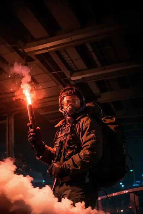 Riot, nuclear power plant on background, terrorist group, fluorescent headgear, short hair, blue hair, firing from flamethrower, middle school girl, , gas mask, high socks, rooftop at night, city on the background is burning