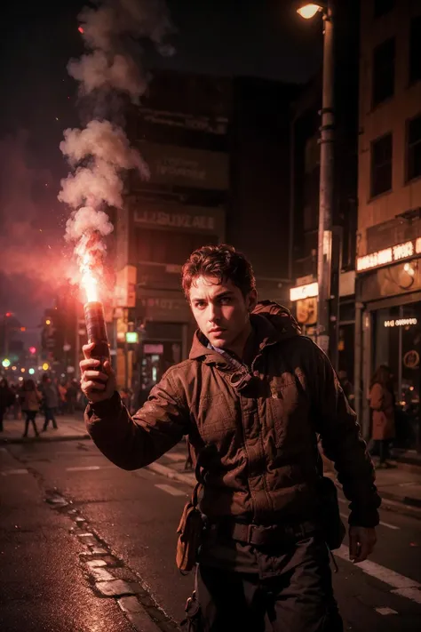 SignalFlare, man holding a signalflare in his hand on street, up in the air, crowded, wide-angle shot<lora:SignalFlare:1>, (masterpiece:1.2), (intricate details:1.2), cinematic lighting, realism, realistic, RAW photo, 4k, highres, extremely intricate, photorealistic, selective focus, best quality, photo, real, extremely detailed, amazing, fine detail, rich colors, hyperrealistic lifelike texture, dramatic lighting, unrealengine, trending on artstation, cinestill 800 tungsten, high quality, sharp focus,8k uhd, absurdres