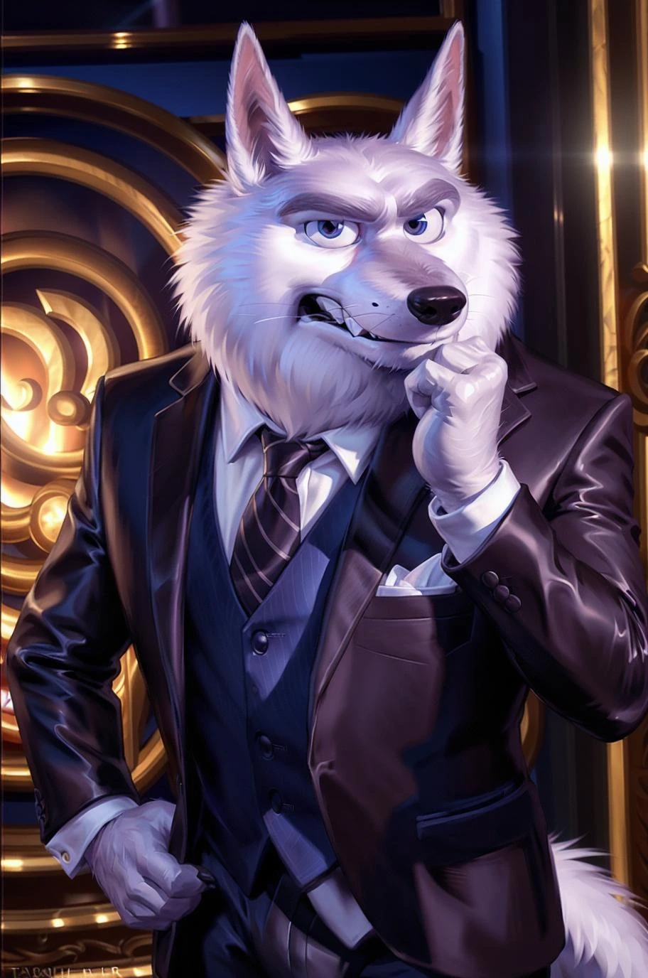 (by taran fiddler), (by darkgem:0.8), (by chunie:1), masterpiece,
detailed fur, portrait, seductive, looking at viewer, evil, smug, (anthro jimmycrystal:1.2), wolf, (detailed pixar eyes:1.2), detailed eyes, male,
standing, suit, white fur,
(detailed live tv studio background), (inside), <slora:add_detail:0.3>, <lora:LoraJimmyBY_jimmycrystal80:1>