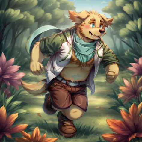 <lora:cu-sith:1> cu sith, male focus, 1boy, blush, green scarf, happy smile, fangs, blue eyes, detailed hands, jacket, running,( <3:1.3), BREAK grass, flowerpetalai, woods, detailed background, (watercolor \(artwork\):0.6), scott gustafson, by ruaidri <lora:Flowerpetalai:0.5:0.6>