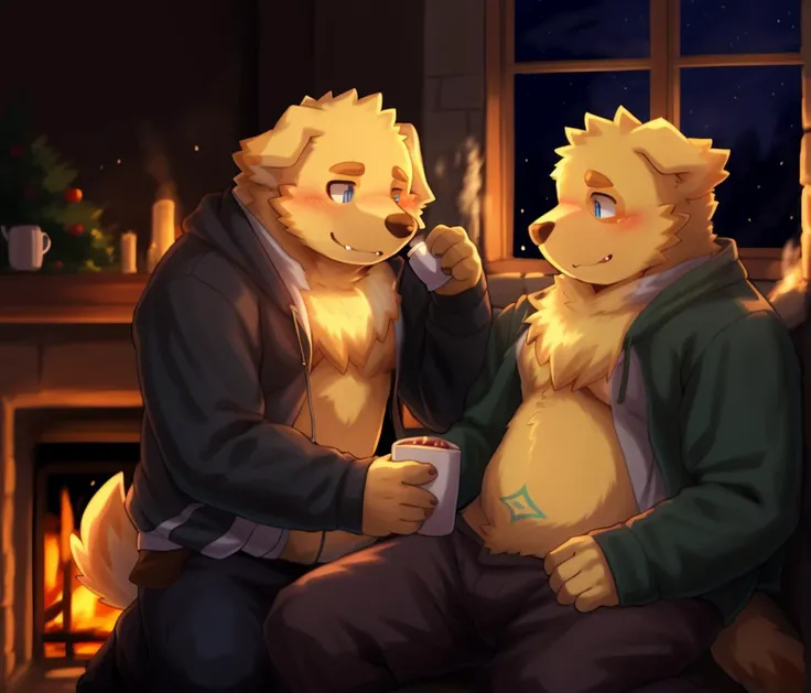 male focus, cu sith, blue eyes, blush, smile, fangs, fingers, with open clothes, pants, relaxing in front of fireplace, drinking cup of hot chocolate, night, warm lighting, cozy room, window, kemono <lora:cu-sith-09:1>