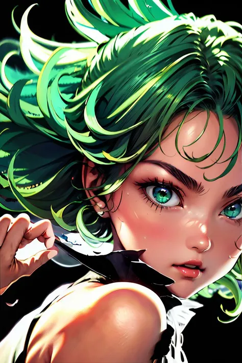 Tall woman, 5 meters tall, gray hair, big thighs, big butt, good figure, white skin, monochrome green and purple eyes, loose and disheveled hair, playful appearance, tight pants, looking down at viewer