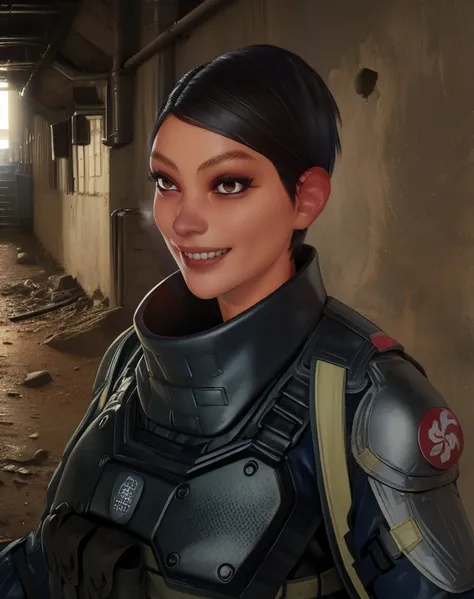 (masterpiece, best quality:1.2), <lora:paik_(battlefield_2042):1>, paik (battlefield 2042), gloves, knee pads, military, military uniform, pants, 1girl, uniform, black hair, solo, looking at viewer, smile, sitting, autumn leaves, outdoors, closed mouth, leaf