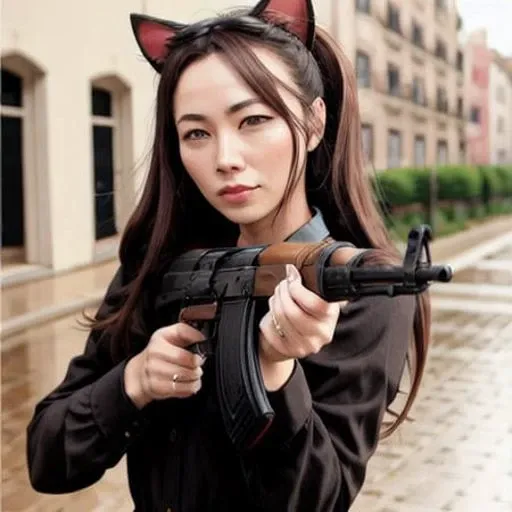 ((masterpiece, best quality)),best quality, (high detailed skin:1.2),8k,wonderfull women,scenery,city,building,long hair,chest plate,rain,cat ears,ak-47, holding rife, <lora:ak47:1>
