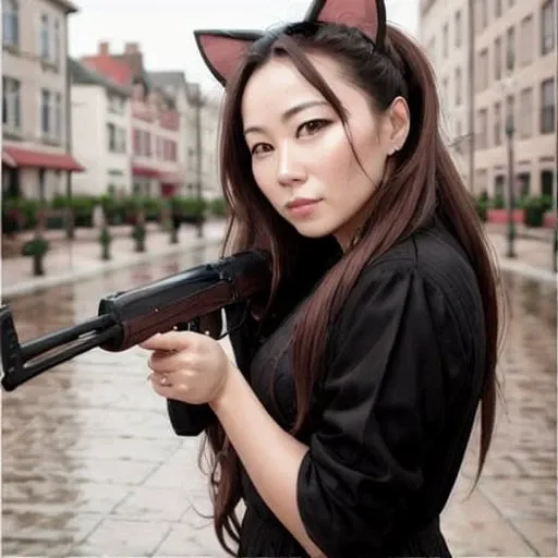 ((masterpiece, best quality)),best quality, (high detailed skin:1.2),8k,wonderfull women,scenery,city,building,long hair,chest plate,rain,cat ears,ak-47, holding rife, <lora:ak47:1>