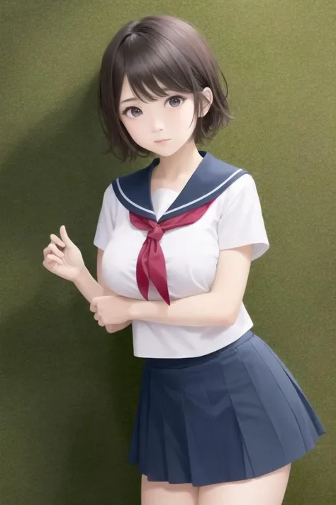 solo, 1girl, cowboy shot, sky, looking at viewer, <lora:Naegi_Komaru_v3-000008:1>, naegi komaru, short hair, brown hair, (ahoge), serafuku, white shirt, blue sailor collar, red neckerchief, blue skirt, large breasts,