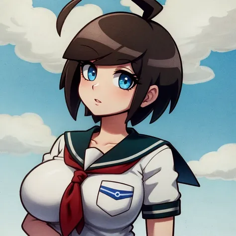 solo, 1girl, upper body, sky, <lora:Naegi_Komaru_v3-000008:1>, serafuku, red neckerchief, breast pocket, naegi komaru, ahoge, short hair, official style, danganronpa \(series\), large breasts, white shirt, blue sailor collar, red necktie, <lora:tohdrawsStyle_v1:0.543>