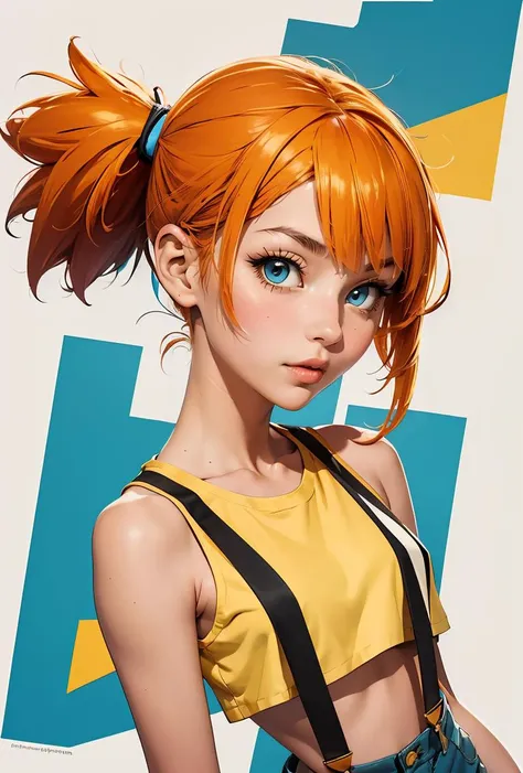 (masterpiece, best quality), 1girl, <lora:PKMN_Misty_v2:0.8> pkmnmisty, 1girl, solo, blue eyes, orange hair, short hair, side ponytail, bangs, hair tie,, yellow shirt, crop top, sleeveless, suspenders, short shorts,