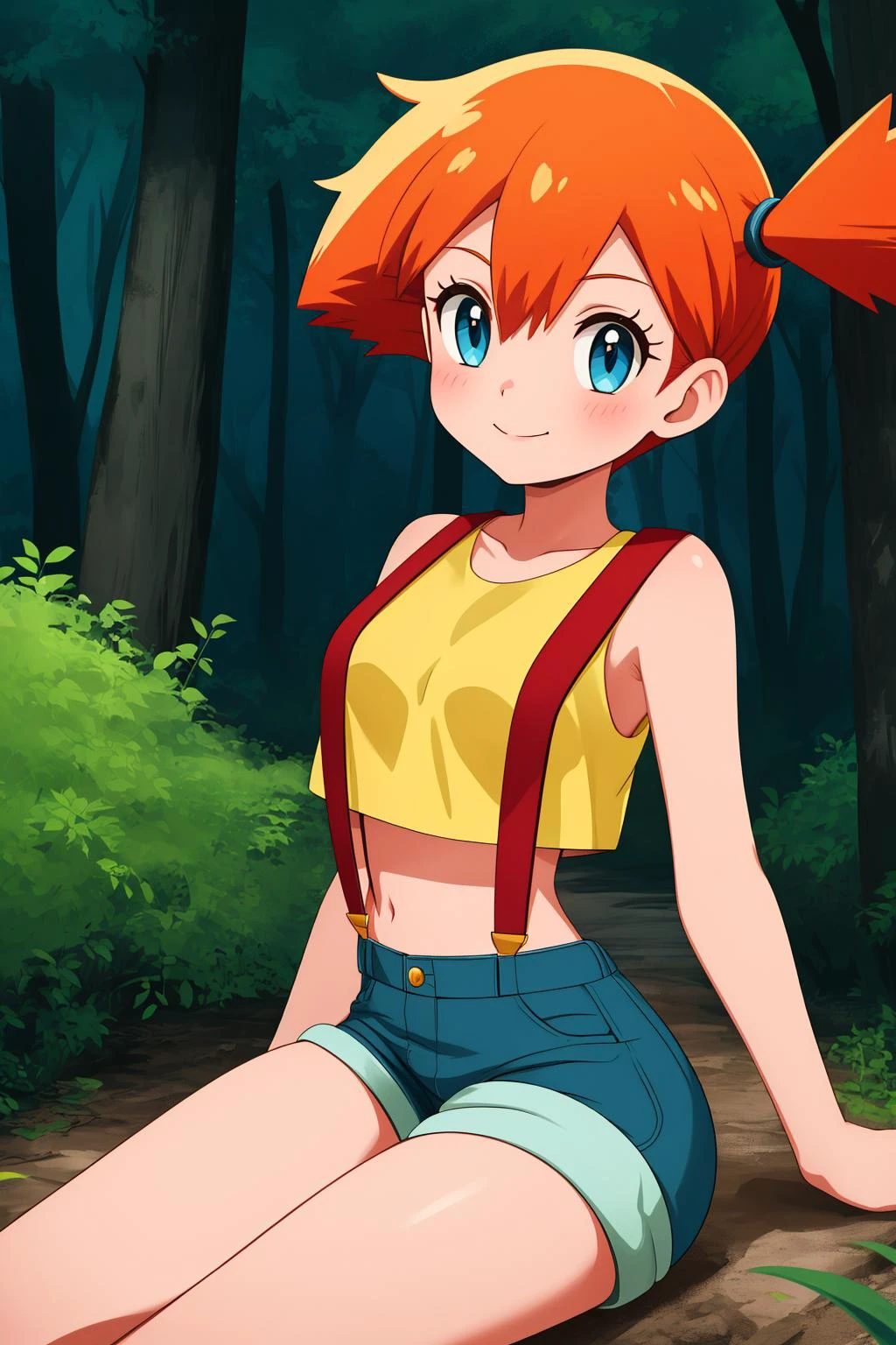 pkmnmisty, 1girl, solo, blue eyes, orange hair, short hair, side ponytail, bangs, hair tie,
yellow shirt, crop top, sleeveless, suspenders, short shorts,
smile,closed mouth,cowboy shot,sitting,
forest,outdoor,
(insanely detailed, beautiful detailed face, masterpiece, best quality) cinematic lighting,<lora:PKMN_Misty_v2:1>, <lora:more_details:0.3>,