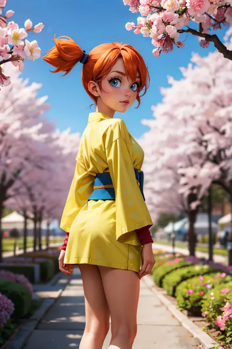 pkmnmisty, blue eyes, orange hair, side ponytail, hair tie, yellow kimono, sash, long sleeves, looking at viewer, serious, standing, outside, garden, cherry blossom, blue sky, high quality, masterpiece, <lora:PKMN_Misty_v1:.8>