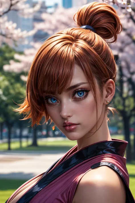 (ultra realistic,32k, masterpiece:1.2),(high detailed skin:1.1),( high quality:1.1),
<lora:PKMN_Misty_v1:0.8>(rolling eyes:1.1),pkmnmisty, 1girl, solo, blue eyes, orange hair, short hair, side ponytail, bangs, hair tie,French mauve short kimono,thigh highs, high heels, city park, sunshine, cherry blossoms, blurry background,,(looking at viewer, portrait:1.1),, huge breast,large breast,<lora:add_detail:0.85>,
(tenebrism:1.1),