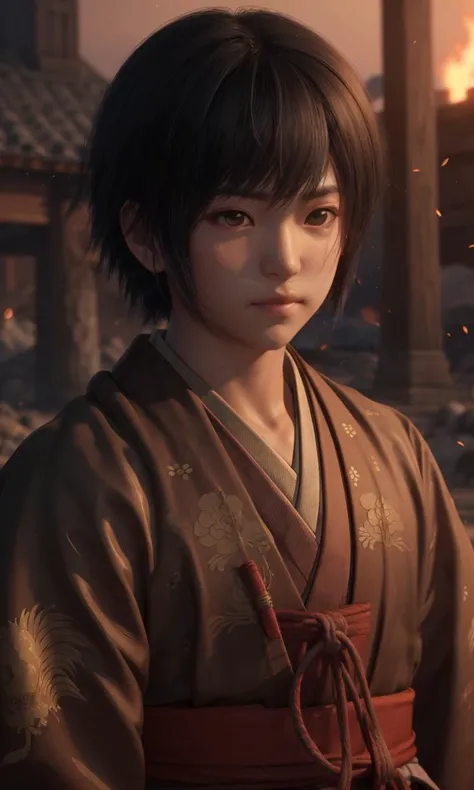 closeup, kurossdt2023, best quality, masterpiece, depth of field, 1boy, ancient Japan, focus on eyes, intricate, photorealistic, trending on arstation, magic powers, otherworldly, burning temple in background