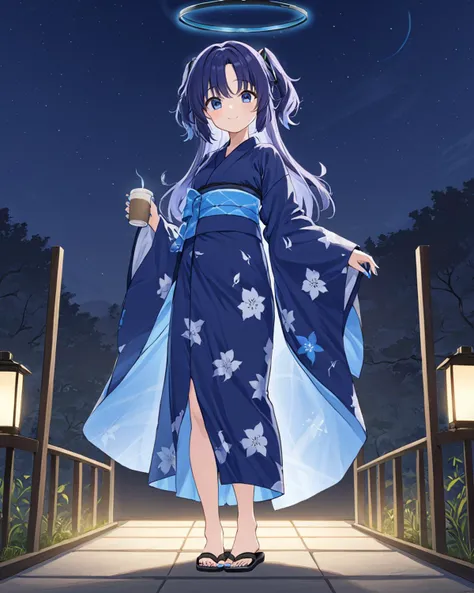 yuuka \(blue archive\),1girl, japanese clothes, halo, toenail polish, toenails, night, solo, holding cup, holding, nail polish, kinchaku, full body, yukata, coffee mug, mug, barefoot, smile, alternate costume, print kimono, obi, standing, blush, sandals, wide sleeves, floral print, toes, night sky, long sleeves, official alternate costume, outdoors, sidelocks, blue nails
<lora:Yuuka_image86_v1:1>,halo,. gorgeous,key visual, vibrant, studio anime,award-winning, professional, highly detailed,high budget, cinemascope
