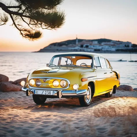 cinematic photo photo car yellow platinum tatra603, front view, seaside south france, golden hour, ((masterpiece)) evening <lora:Tatra603-SDXL:1> . 35mm photograph, film, bokeh, professional, 4k, highly detailed
