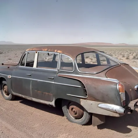 analog film photo photo car old weary rusty tatra603, grit, stains , view from side, sahara valley desert, dust, ((masterpiece)) evening <lora:Tatra603-SDXL:1.1> <lora:Grit-SDXL:1> <lora:Cloudify-SDXL:1> . faded film, desaturated, 35mm photo, grainy, vignette, vintage, Kodachrome, Lomography, stained, highly detailed, found footage