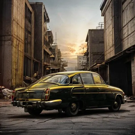 scifi, photo car shiny gold <lora:tatra603:0.7> in dystopian losangeles backalley, cyberpunk ((masterpiece)) dark stormy evening