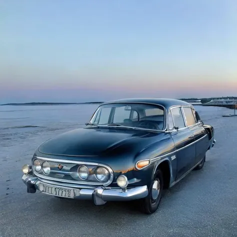 photo car shiny chrome silver platinum<lora:tatra603:0.7> in seaside beach landscape, ((masterpiece)) sunrise