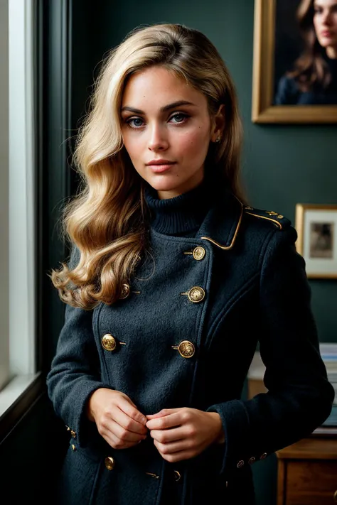 photo of (alexandrabastedo_v1:0.99), closeup portrait, perfect hair, (modern photo, Wood Brown Wool-blend pea coat in a classic navy or black color with gold buttons), 24mm, (analog, cinematic, film grain:1.3), (office:1.1), detailed eyes, (seductive pose), (epicPhoto), upper body, (looking at viewer)