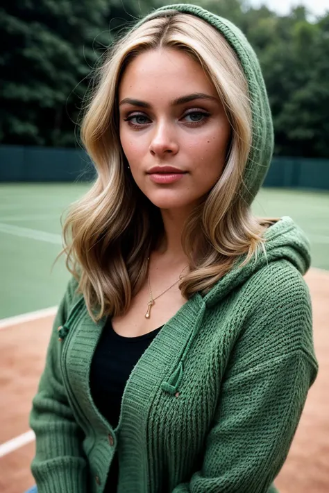 photo of (alexandrabastedo_v1:0.99), closeup portrait, perfect hair, (modern photo, Tennis Court Green Hooded knit cardigan with toggle closures), 24mm, (analog, cinematic, film grain:1.3), (camp:1.1), detailed eyes, (seductive pose), (epicPhoto), upper body, (looking at viewer)