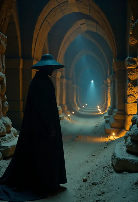 A Pnume, one of the inhabitants of Tschai, dressed in black garments, with a wide-brimmed black hat, standing in an underground city. The setting features towering stone pillars, dim lighting, and intricate tunnels carved into the rock walls. The Pnume's mysterious figure is partially shrouded in shadow, emphasizing their enigmatic nature, while the underground city extends in the background, showing ancient architecture and a labyrinth of pathways illuminated by faint, eerie lights.