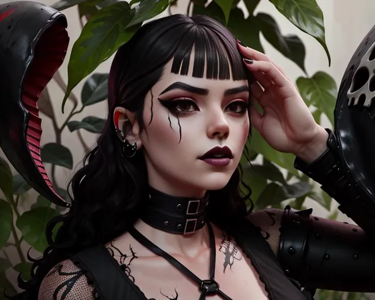 <lora:Phaedra:0.6>, xyzphaedra, nsfw, 1girl, gothic, makeup, bangs, black hair, black lips, red eyeshadow, closed mouth, plants,bones,skulls, messy