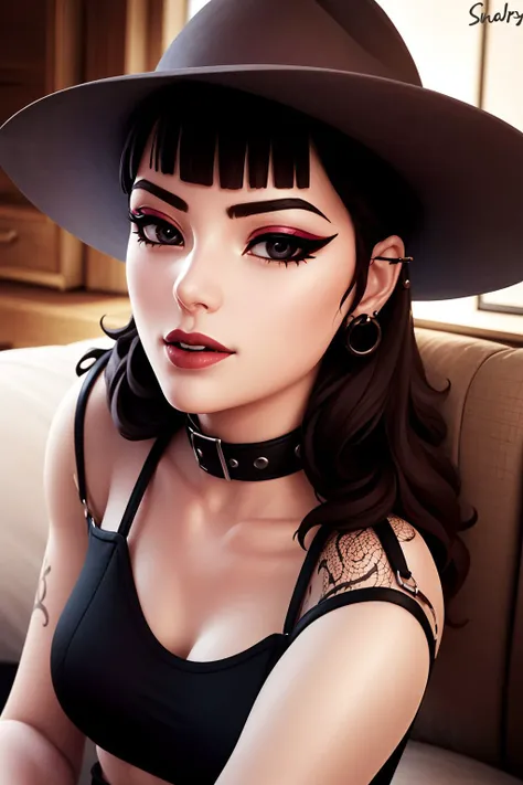 (realistic:1.3), <lora:Phaedra:0.6>, xyzphaedra, living room, front view, 1girl, gothic, close up portrait, beautiful detailed face, beautiful detailed eyes, black clothes, shorts, crop top, boots, fingerless gloves, cowboy hat, makeup, earrings, sharp details, no watermark signature , sfw