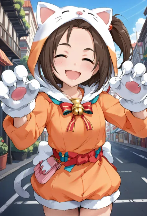 score_9, score_8_up, score_7_up, source_anime,masterpiece, best quality, high_resolution,8k,Perfect features, intricate details,Ray Tracing,
1girl,cgymy,brown hair,short hair,one side up,hair bobbles,brown eyes,cat costume,animal ears, animal hands, gloves, neck bell, shy,blush,,happy pose,outdoors,Low angle (from behind) view Extreme Close shot (focus on feet)
<lora:yanasemiyuki_ponyXLV6:0.8> ,<lora:Cat_Costume_Pony:0.8>