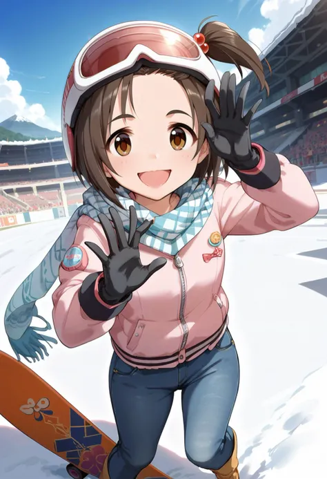 score_9, score_8_up, score_7_up, source_anime,masterpiece, best quality, high_resolution,8k,Perfect features, intricate details,Ray Tracing,
1girl,cgymy,brown hair,short hair,one side up,hair bobbles,brown eyes, gloves, jacket, denim, pants, jeans, helmet, boots, scarf, black gloves, leather,snowboard, Stoic, Expressionless face with a neutral mouth and a neutral gaze.,happy pose,crowd,snow mountain,outdoors,Long Exposure shot
<lora:yanasemiyuki_ponyXLV6:0.8> ,