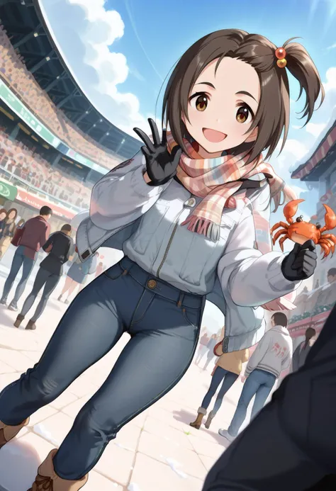 score_9, score_8_up, score_7_up, source_anime,masterpiece, best quality, high_resolution,8k,Perfect features, intricate details,Ray Tracing,
1girl,short stacks,cgymy,brown hair,short hair,one side up,hair bobbles,brown eyes, jacket, denim, pants, jeans, boots, scarf, black gloves, holding large crab,leather,Neutral, A relaxed facial expression with a slightly open mouth.,happy pose,crowd,snow mountain,outdoors,Low angle (from behind) view Extreme Close shot (focus on chest)
<lora:yanasemiyuki_ponyXLV6:0.8> ,