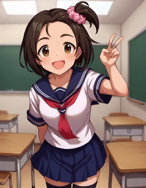 score_9,score_8_up,score_7_up,1girl,solo,cowboy shot,looking at viewer,smile,open mouth,indoors,school desk,front view,arm behind back,v sign,
<lora:yanasemiyuki_ponyXLV6:0.8>,cgymy,brown hair,short hair,one side up,hair scrunchie,pink scrunchie,brown eyes,serafuku,blue sailor collar,short sleeves,pleated skirt,black thighhighs