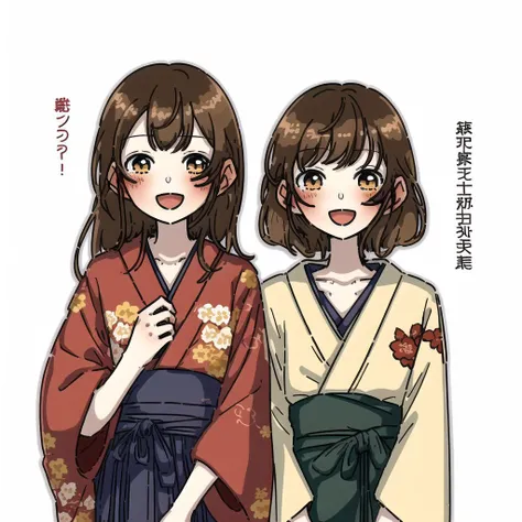 <lora:fuuka_kobayashi:1.0>, (fuuka_kobayashi:1.0), drawing, :d, ahoge, blonde hair, blush stickers, brown eyes, female, japanese clothes, kimono, long hair, multiple girls, open mouth, parody, red hair, redhead, simple background, smile, text, white background, yellow eyes