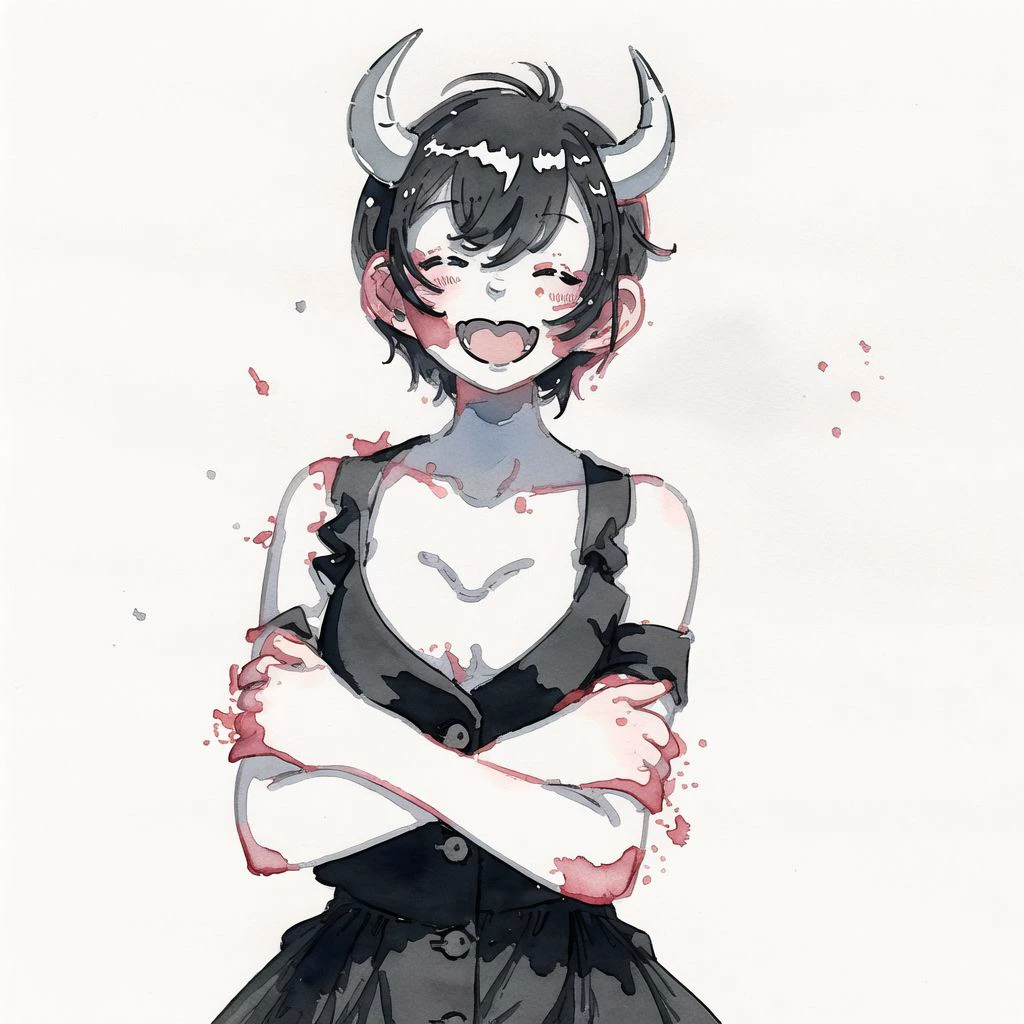 <lora:fuuka_kobayashi:1.0>, (fuuka_kobayashi:1.0), drawing,
1girl, arms under breasts, black horns, buttons, closed eyes, demon girl, horns, limited palette, open mouth, painting \(medium\), sharp teeth, short hair, smile, teeth, traditional media, watercolor \(medium\), white background, white hair