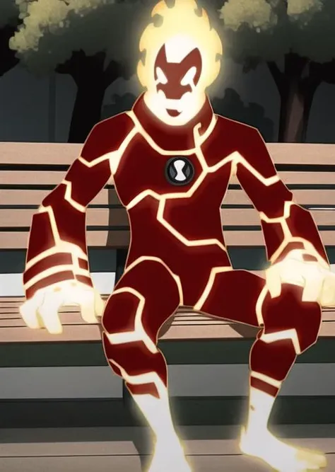 <lora:heatblast-05:1> heatblast, detailed background, sitting on bench, outdoors, public park, masterpiece, best quality