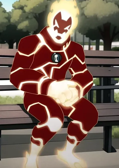 <lora:heatblast-05:1> heatblast, detailed background, sitting on bench, outdoors, public park, masterpiece, best quality