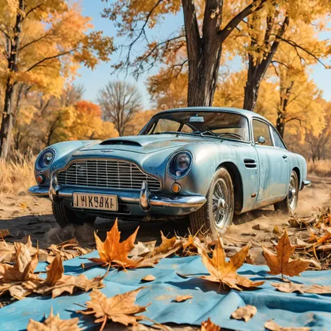 panorama, dreamy vibes art style, silver Aston Martin DB5 , dust deposit, backroad, maple leaves, torrid, watercolor, masterpiece, comics page, crystal clear blue sky, dusty, music, <lora:chinese-art:2>, dust, flat colors, paper texture, golden hour, old, abandoned, in memory, finality, ending, homesickness,