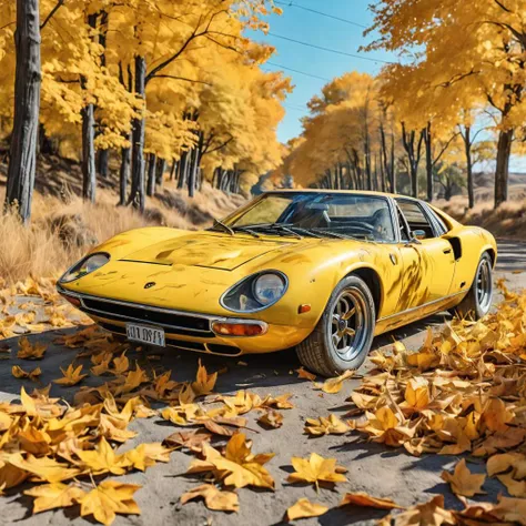 panorama, dreamy vibes art style, yellow Lamborghini Miura , dust deposit, backroad, maple leaves, torrid, watercolor, masterpiece, comics page, crystal clear blue sky, dusty, music, <lora:chinese-art:2>, dust, flat colors, paper texture, golden hour, old, abandoned, in memory, finality, ending, homesickness,