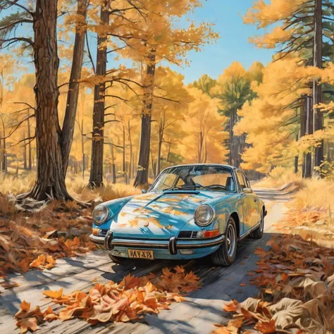 panorama, dreamy vibes art style, a 1973 Carrera RS, dust deposit, backroad, maple leaves, torrid, watercolor, masterpiece, comics page, crystal clear blue sky, dusty, music, <lora:chinese-art:2>, dust, flat colors, paper texture, golden hour, old, abandoned, in memory, finality, ending, homesickness,