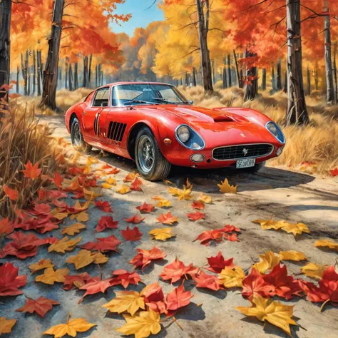 panorama, dreamy vibes art style, a red ferrari 250 GTO, dust deposit, backroad, maple leaves, torrid, watercolor, masterpiece, comics page, crystal clear blue sky, dusty, music, <lora:chinese-art:2>, dust, flat colors, paper texture, golden hour, old, abandoned, in memory, finality, ending, homesickness,