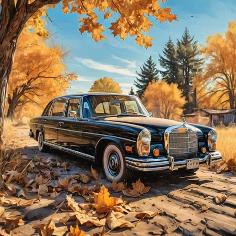 panorama, dreamy vibes art style, black Mercedes-Benz 600 limousine , dust deposit, backroad, maple leaves, torrid, watercolor, masterpiece, comics page, crystal clear blue sky, dusty, music, <lora:chinese-art:2>, dust, flat colors, paper texture, golden hour, old, abandoned, in memory, finality, ending, homesickness,