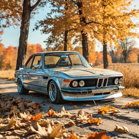 panorama, dreamy vibes art style, a silver 3.0 CSL BMW wide body, dust deposit, backroad, maple leaves, torrid, watercolor, masterpiece, comics page, crystal clear blue sky, dusty, music, <lora:chinese-art:2>, dust, flat colors, paper texture, golden hour, old, abandoned, in memory,  finality, ending, homesickness,