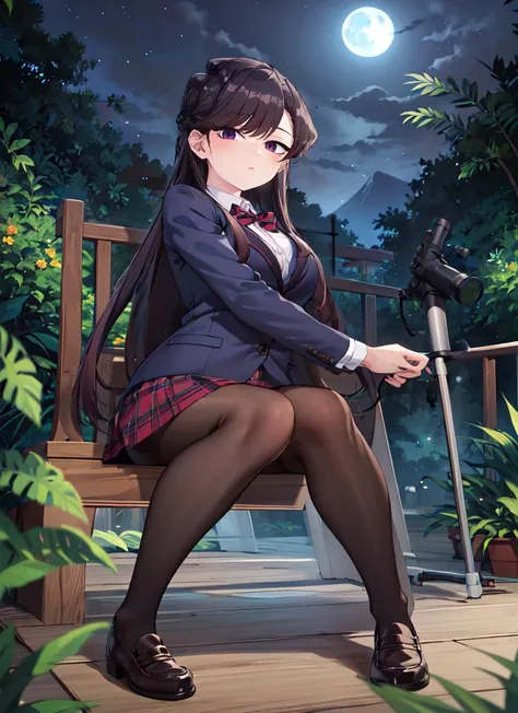 ((best quality)), ((highly detailed)), masterpiece, absurdres, (detailed eyes, deep eyes), (1girl), <lora:slim_tall-plump_short:1>, dynamic pose, full body, <lora:ShokoKomi_KS:.7>, Shokokomidef, purple hair, long hair, purple eyes, school uniform, blazer, red bow, red skirt, pantyhose, loafers, (outdoors, at a rainforest, rainforest canopy, night, night sky, stars, blue moon, telescope)