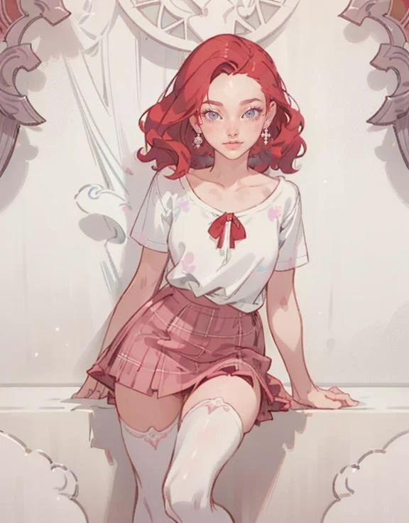 (masterpiece, best quality, ultra-detailed, best shadow), (detailed background,dark fantasy), (beautiful detailed face), (best illumination, an extremely delicate and beautiful), ((cinematic light)), colorful, hyper detail, dramatic light, intricate details, (depth) of (field), <lora:PonnieCatCat:0.3> ponnie, red_hair, short_hair, wavy_hair, forehead, side_part_hair, lips, grey_eyes, collarbones, 1ear, plaid_skirt, pink_skirt, thigh_highs, white_shirt, indoors, <lora:animetarotV51:0.8>, luxurious, <lora:st-fs_v1.1:0.5>, <lora:pastel pink core:0.8> pastel pink baby